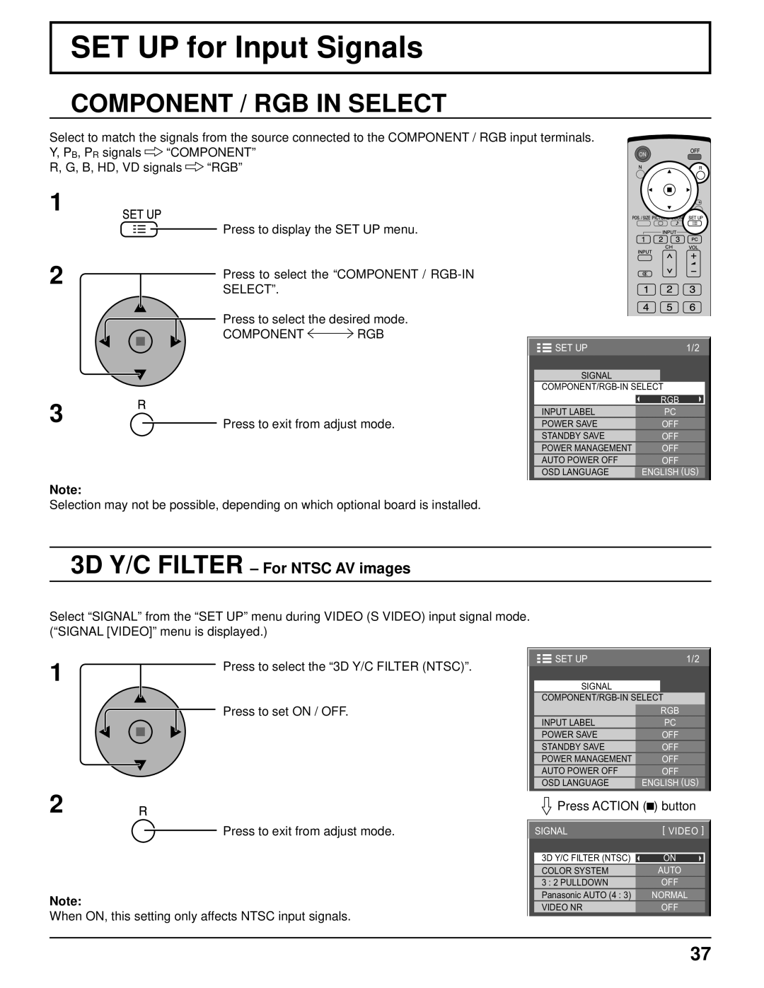 Panasonic TH-50PF9UK SET UP for Input Signals, Component / RGB in Select, 3D Y/C Filter For Ntsc AV images, Component RGB 