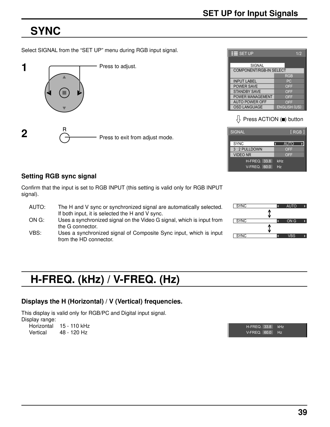 Panasonic TH-50PF9UK operating instructions Sync, FREQ. kHz / V-FREQ. Hz, Setting RGB sync signal 