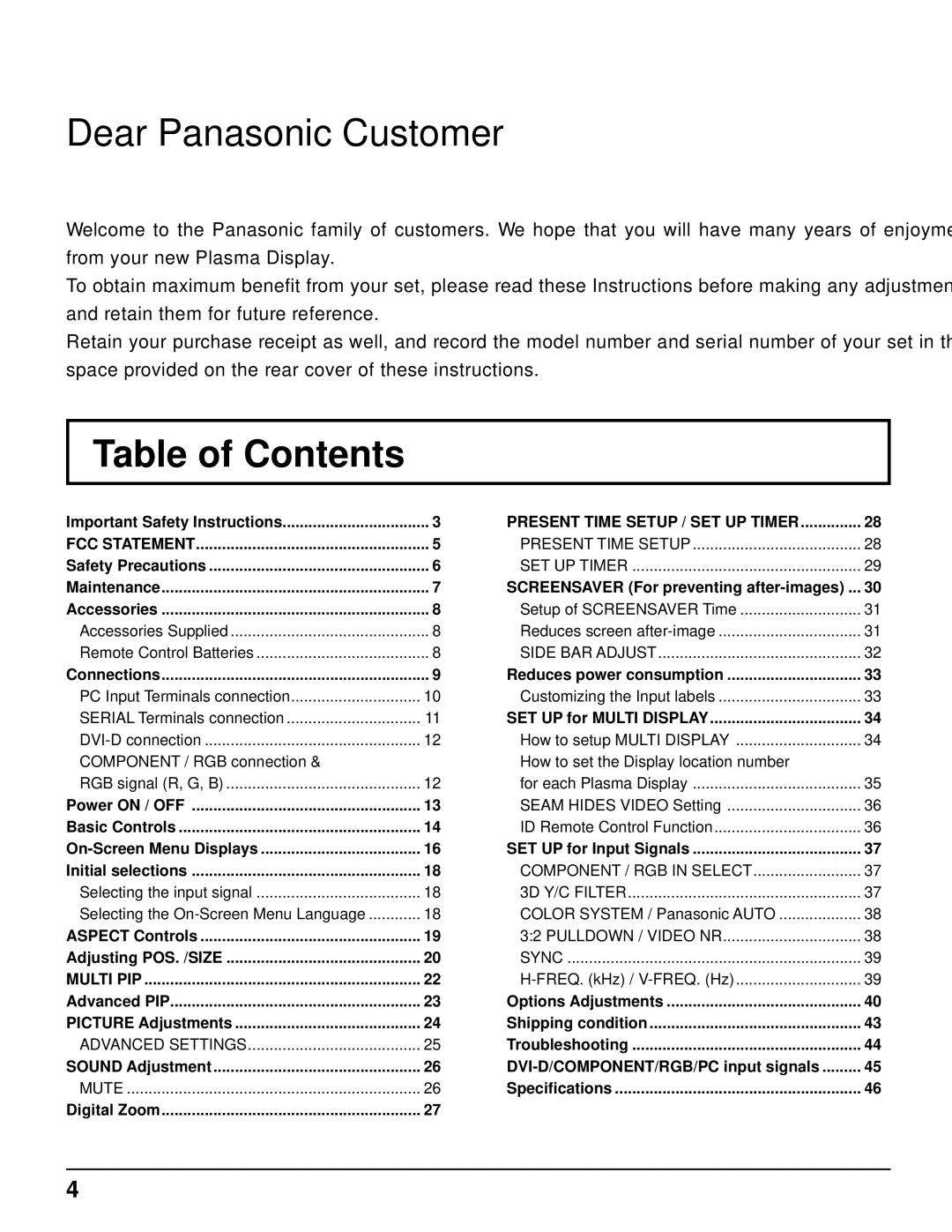 Panasonic TH-50PF9UK operating instructions Table of Contents 