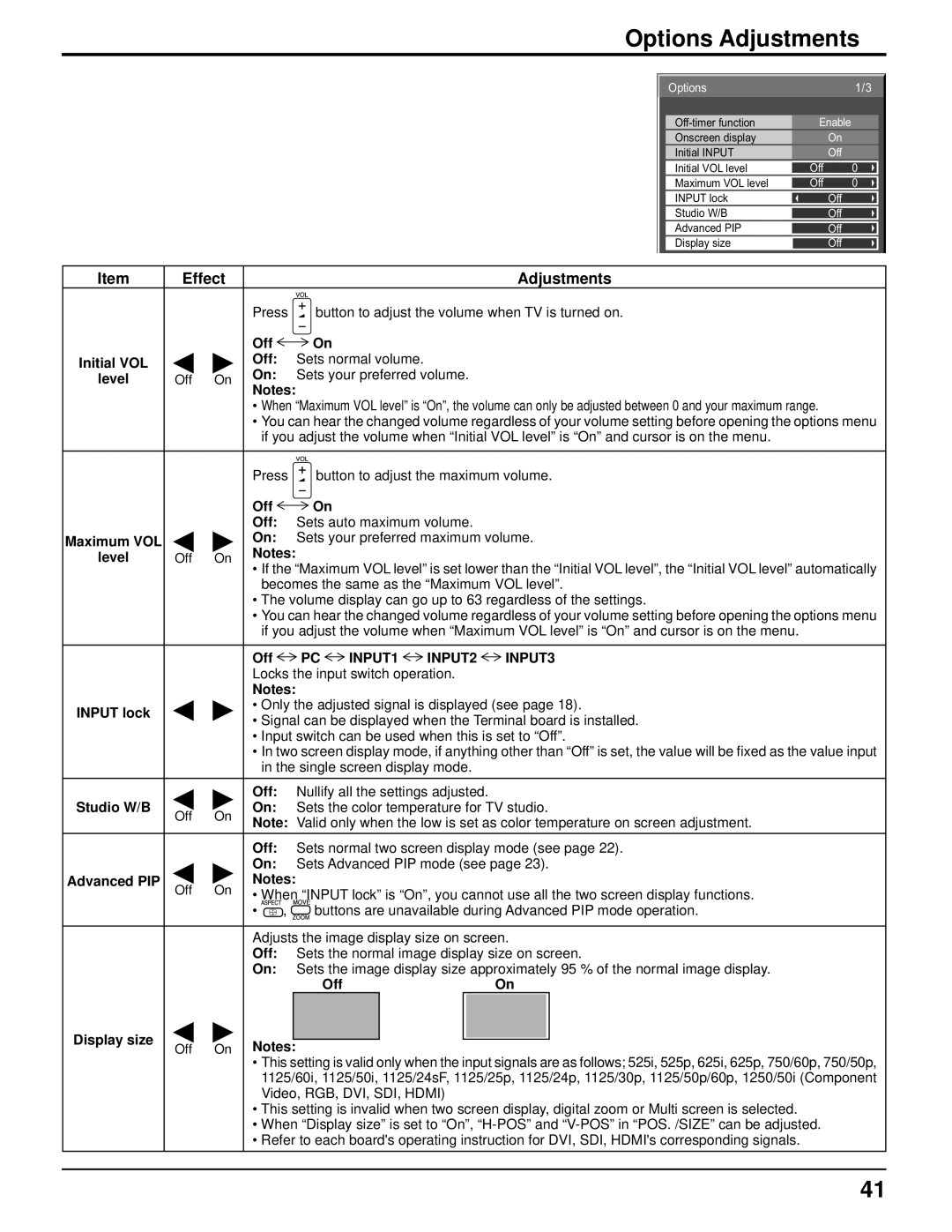 Panasonic TH-50PF9UK operating instructions Options Adjustments, Off Initial VOL Sets normal volume Level 