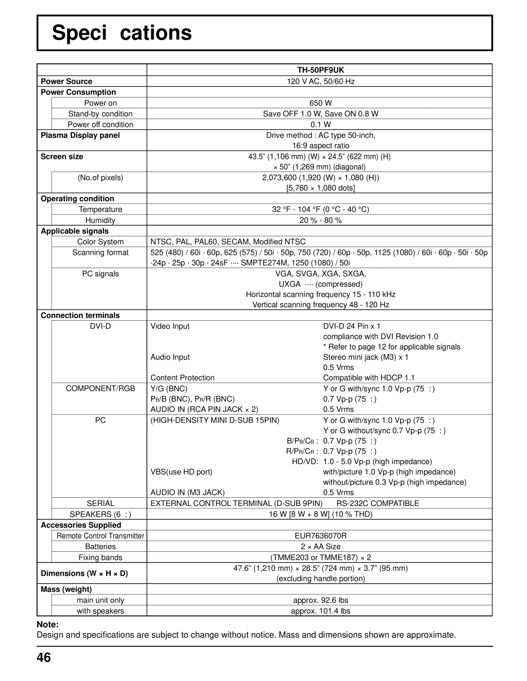 Panasonic TH-50PF9UK operating instructions Speciﬁcations 