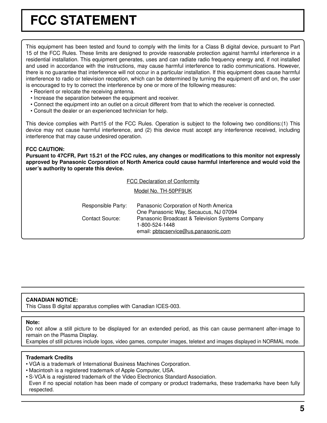 Panasonic TH-50PF9UK operating instructions FCC Caution, Canadian Notice, Trademark Credits 