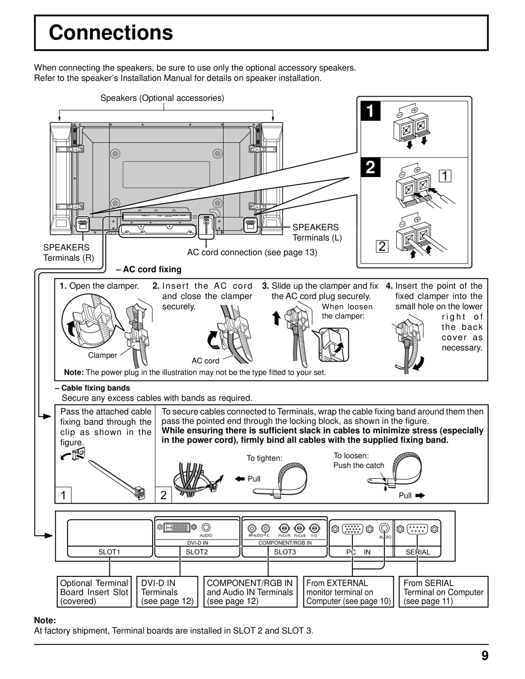 Panasonic TH-50PF9UK operating instructions Connections, Speakers, AC cord ﬁxing, Dvi-D Component/Rgb 