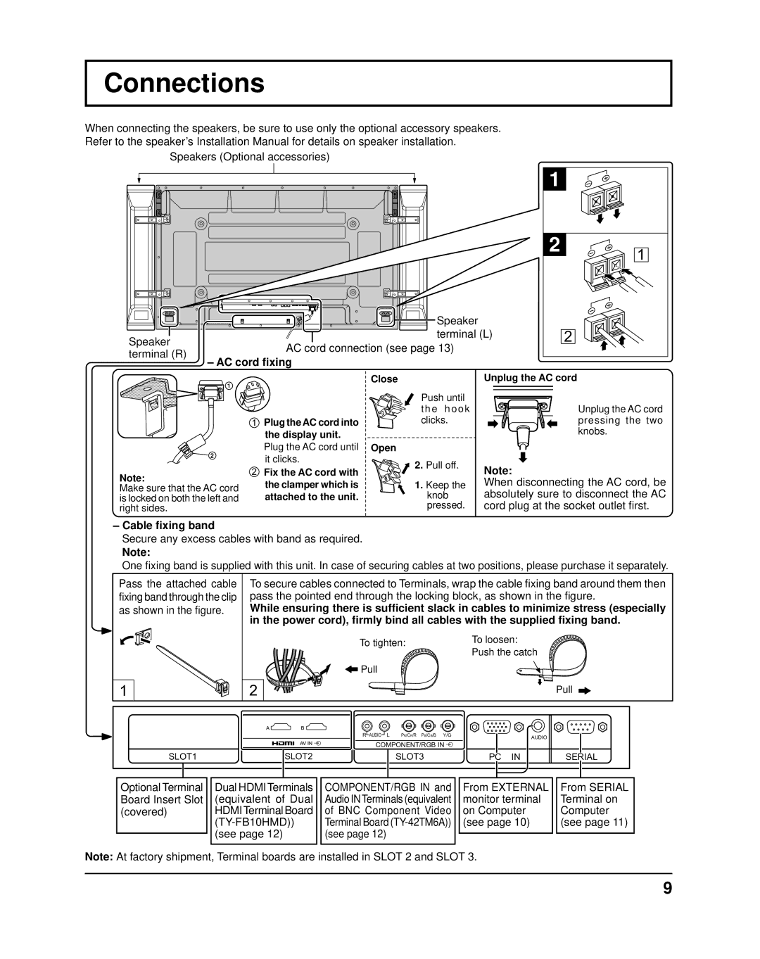 Panasonic TH-42PH11UK, TH-50PH11UK manual Connections, AC cord ﬁxing, Cable ﬁxing band, See 