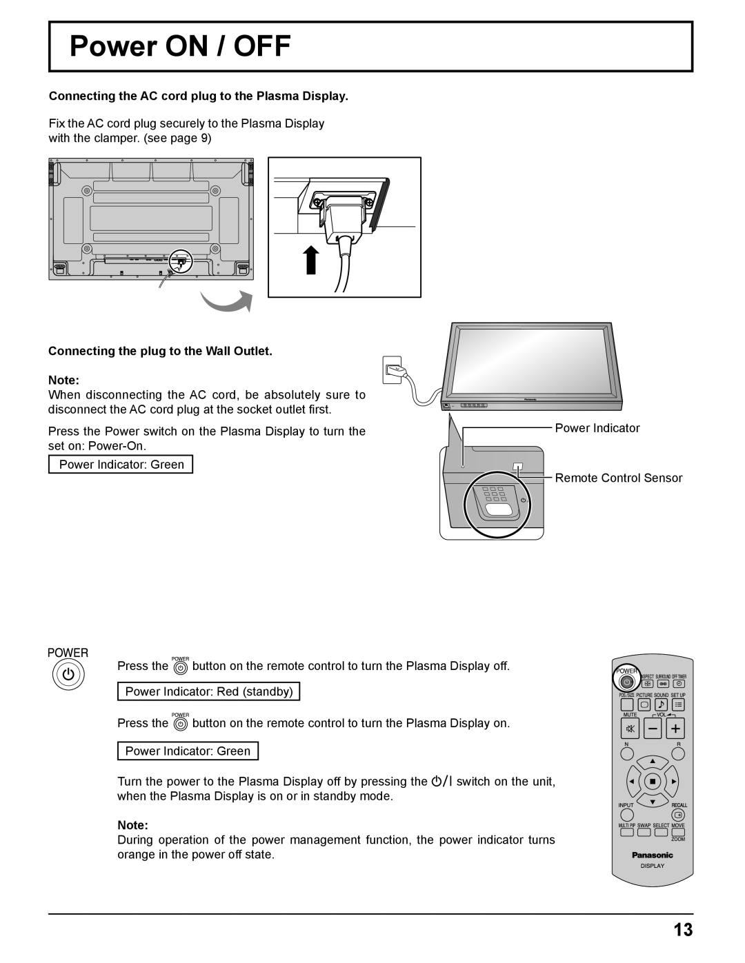 Panasonic TH 50PH11UK manual Power on / OFF, Connecting the AC cord plug to the Plasma Display 