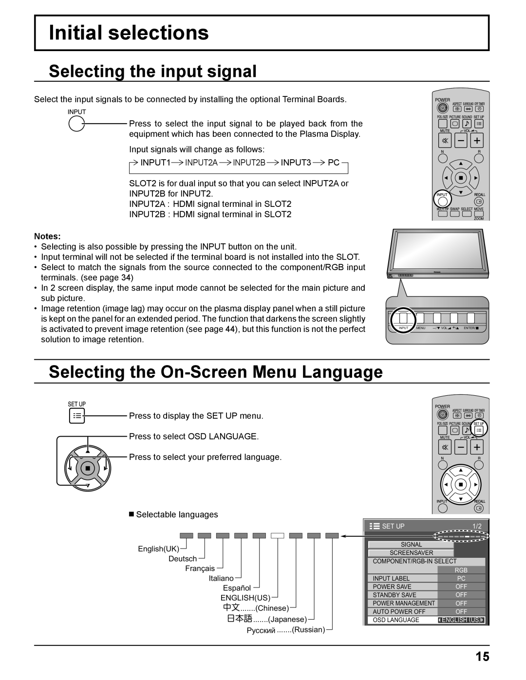 Panasonic TH 50PH11UK manual Initial selections, Selecting the input signal, Selecting the On-Screen Menu Language 