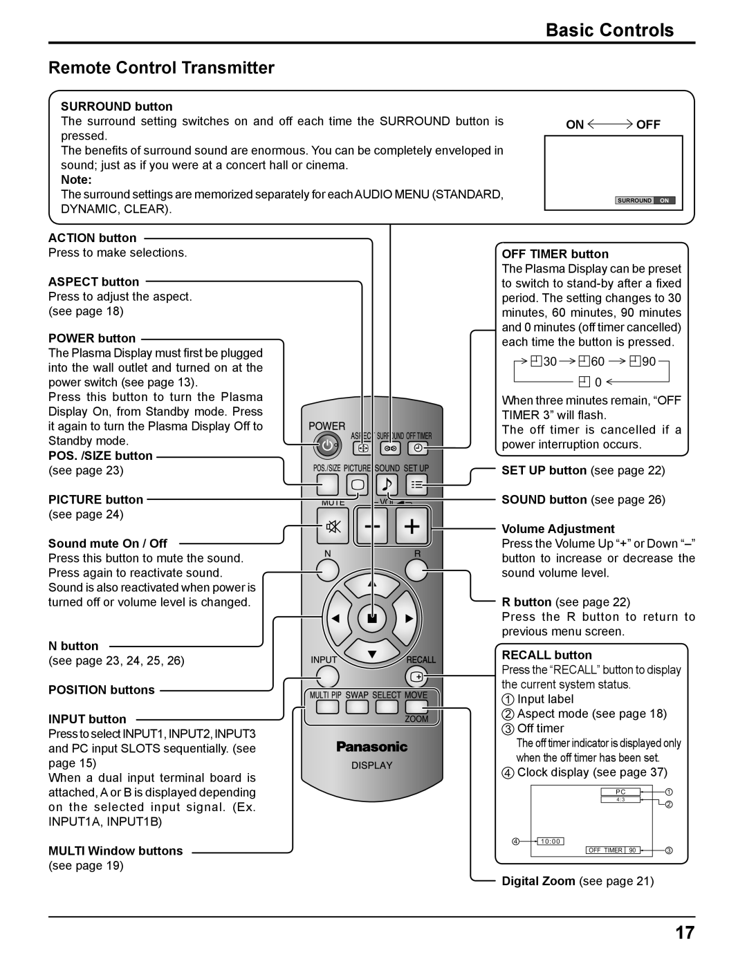 Panasonic TH 50PH11UK manual Basic Controls, On OFF 