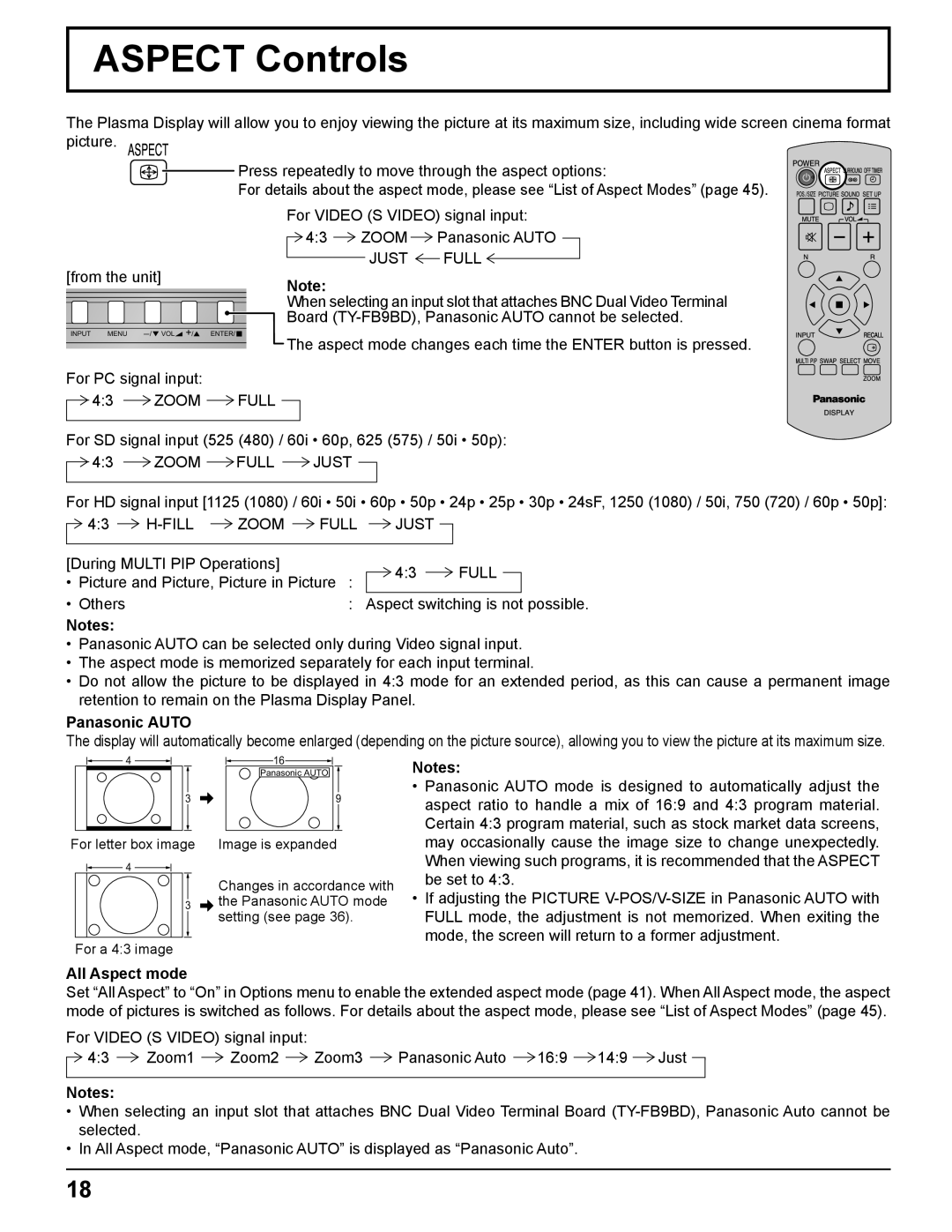 Panasonic TH 50PH11UK manual Aspect Controls, Panasonic Auto, All Aspect mode 