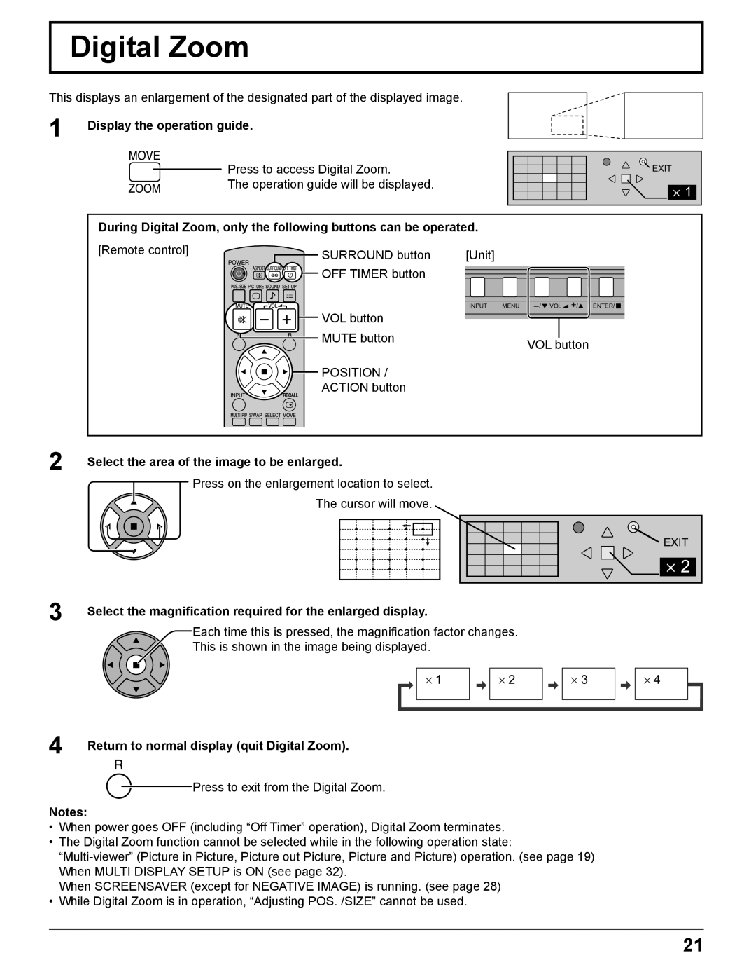 Panasonic TH 50PH11UK manual Display the operation guide, Position, Return to normal display quit Digital Zoom 