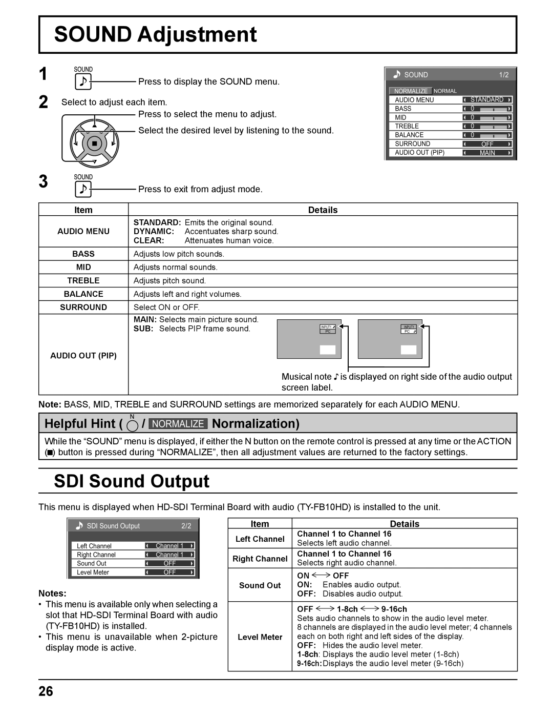 Panasonic TH 50PH11UK manual Sound Adjustment, SDI Sound Output, Press to exit from adjust mode 