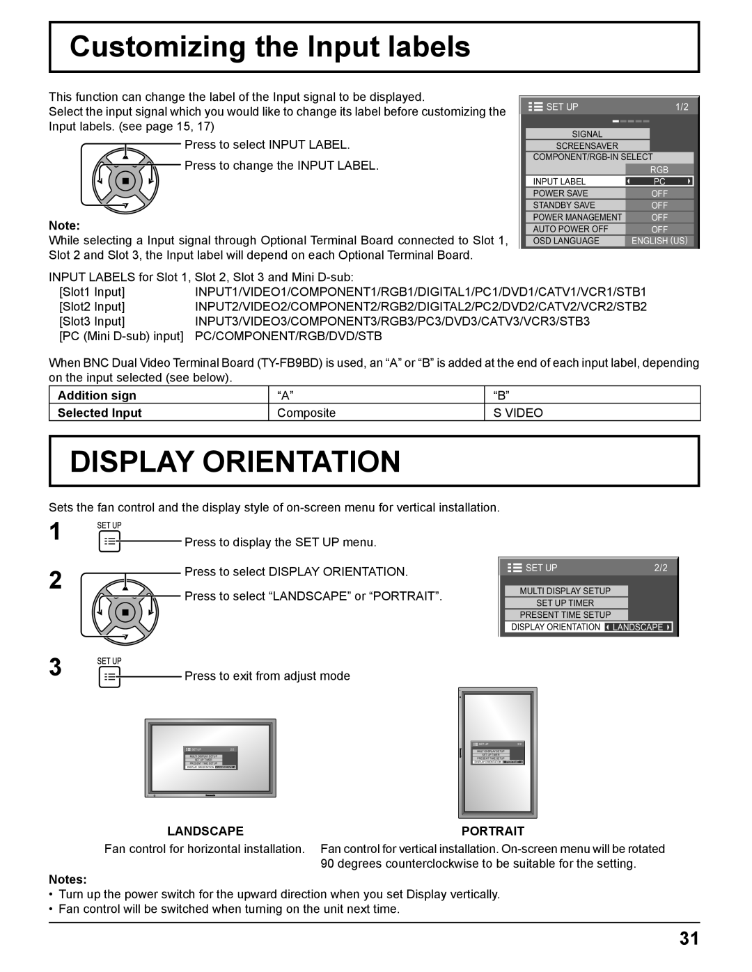 Panasonic TH 50PH11UK manual Customizing the Input labels, Addition sign Selected Input, Landscape Portrait 