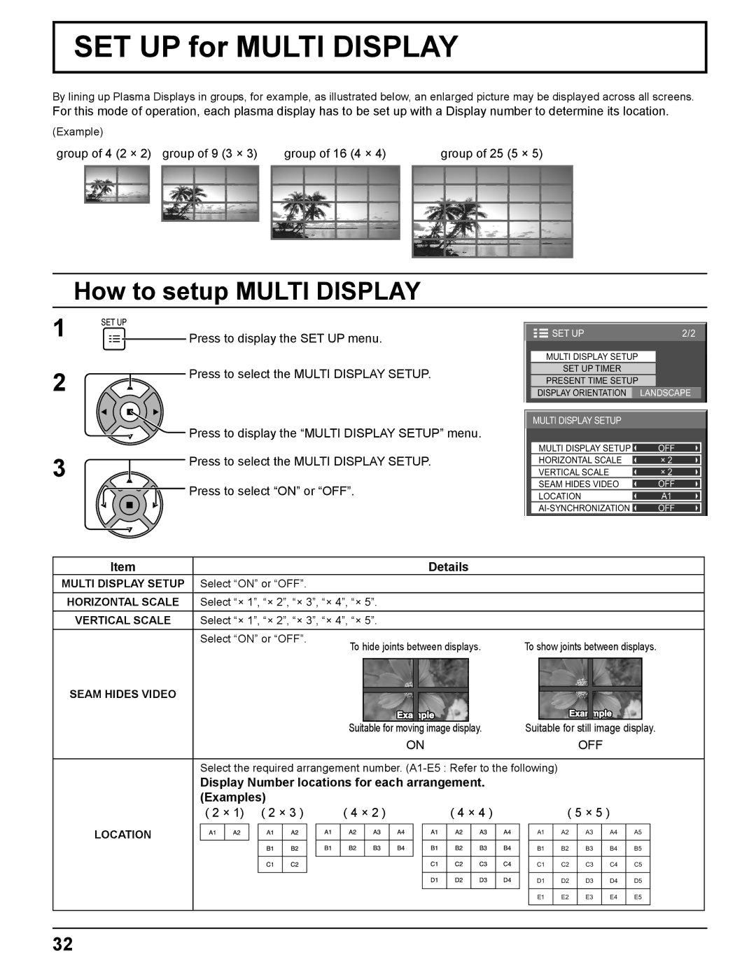 Panasonic TH 50PH11UK manual SET UP for Multi Display, How to setup Multi Display, Off, × 1 2 × 