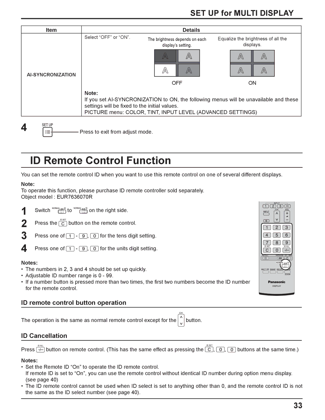 Panasonic TH 50PH11UK manual ID Remote Control Function, SET UP for Multi Display, ID remote control button operation 