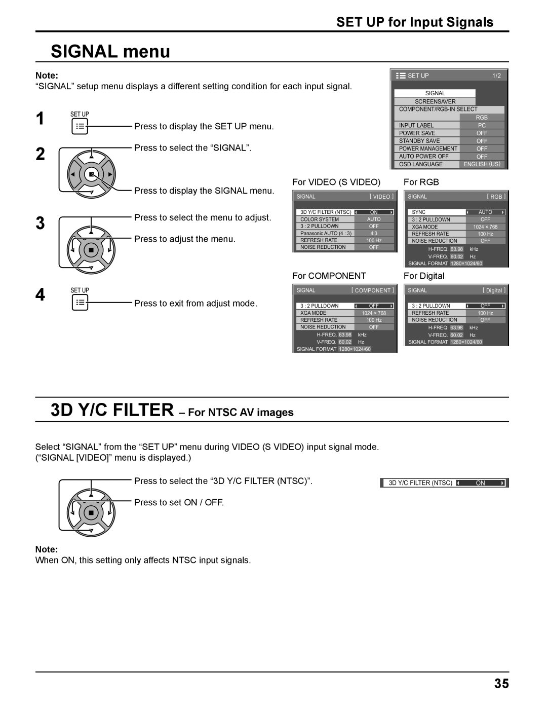 Panasonic TH 50PH11UK manual Signal menu, SET UP for Input Signals, 3D Y/C Filter For Ntsc AV images 