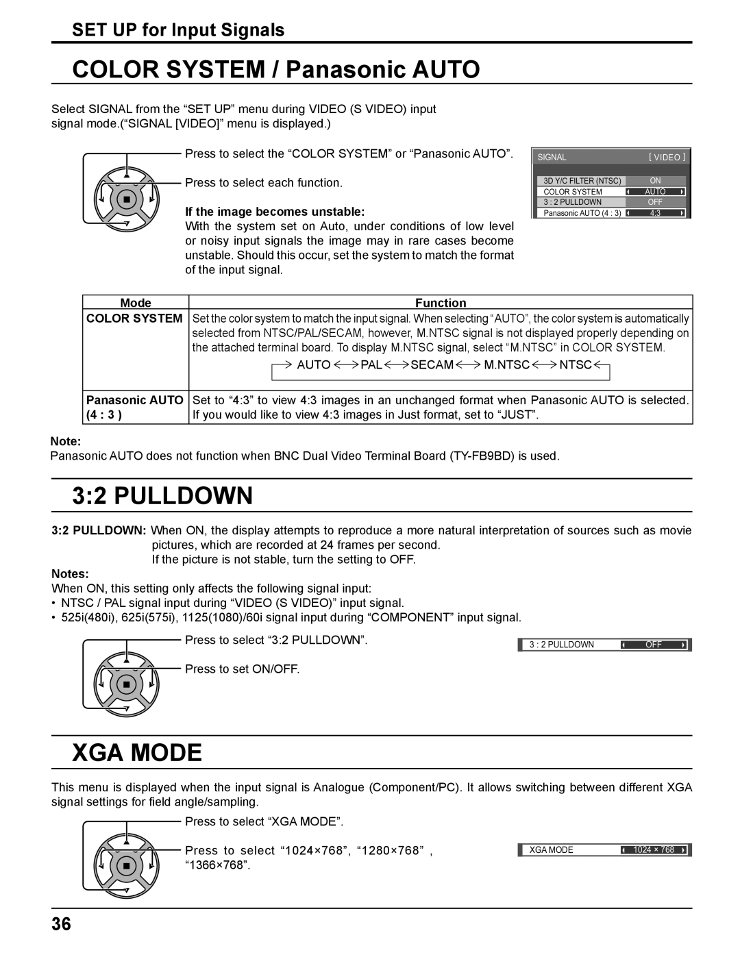 Panasonic TH 50PH11UK manual Color System / Panasonic Auto, Pulldown, XGA Mode, Mode Function 