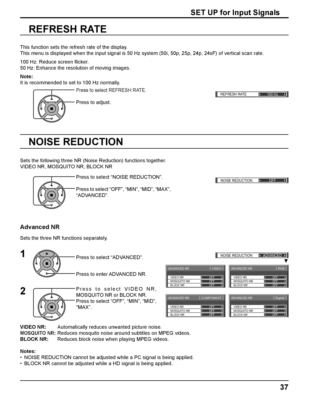 Panasonic TH 50PH11UK manual Refresh Rate, Noise Reduction, Advanced NR, Press to adjust, Video NR, Mosquito NR, Block NR 