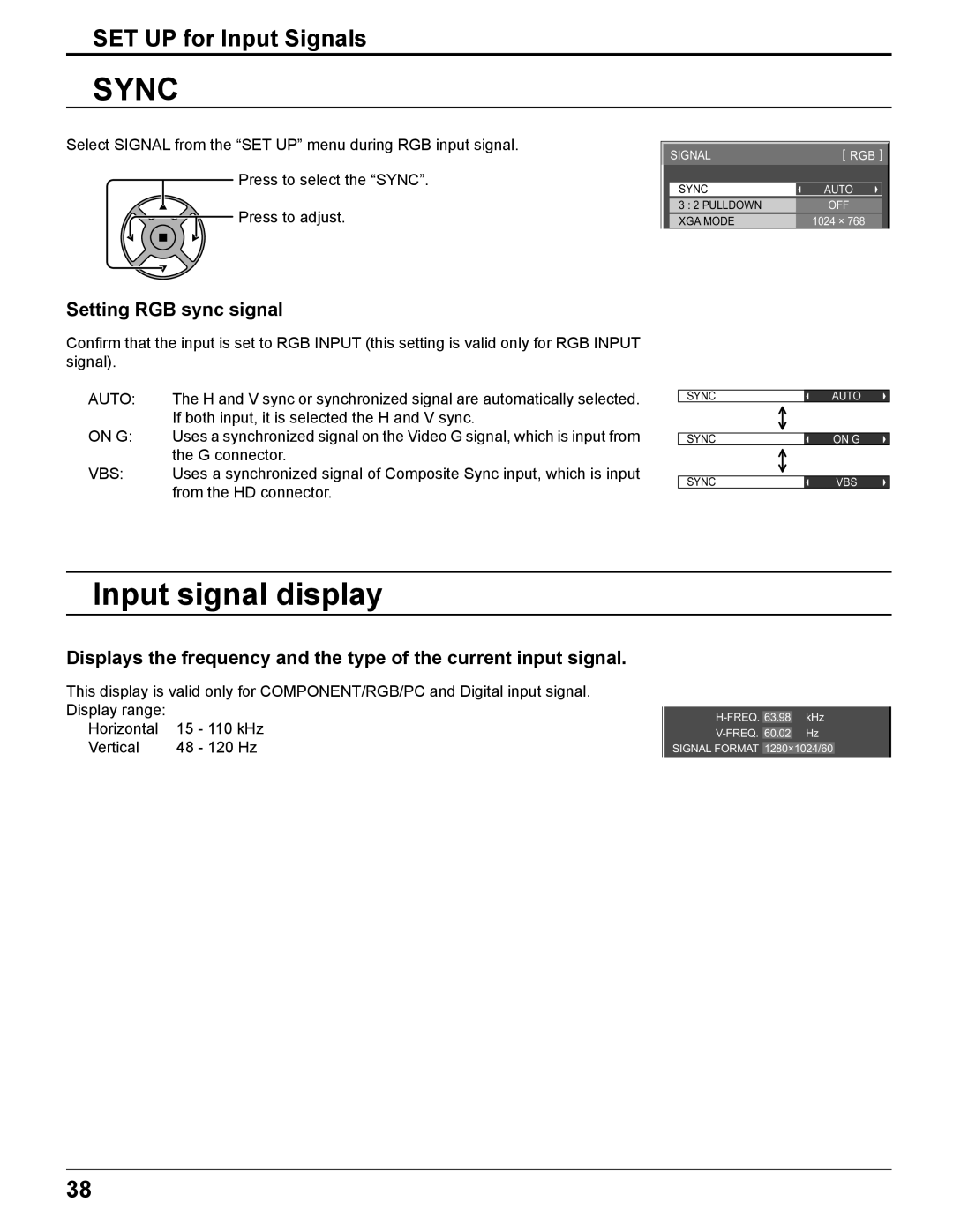 Panasonic TH 50PH11UK manual Sync, Input signal display, Setting RGB sync signal 