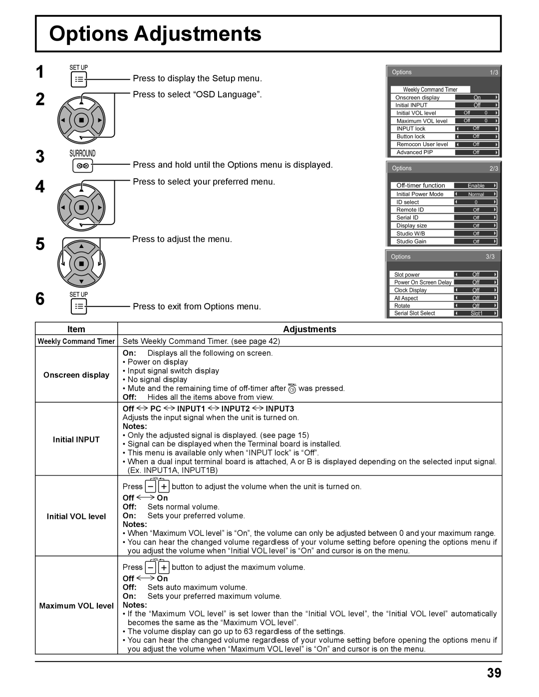 Panasonic TH 50PH11UK manual Options Adjustments, Options1/3 