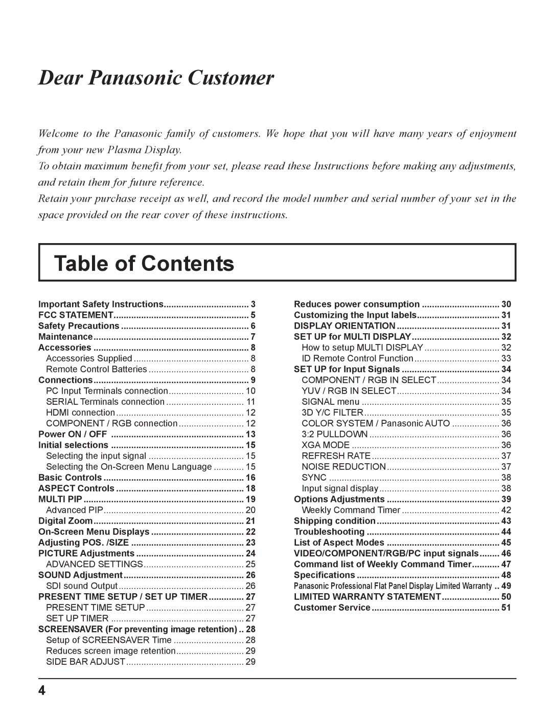 Panasonic TH 50PH11UK manual Table of Contents 