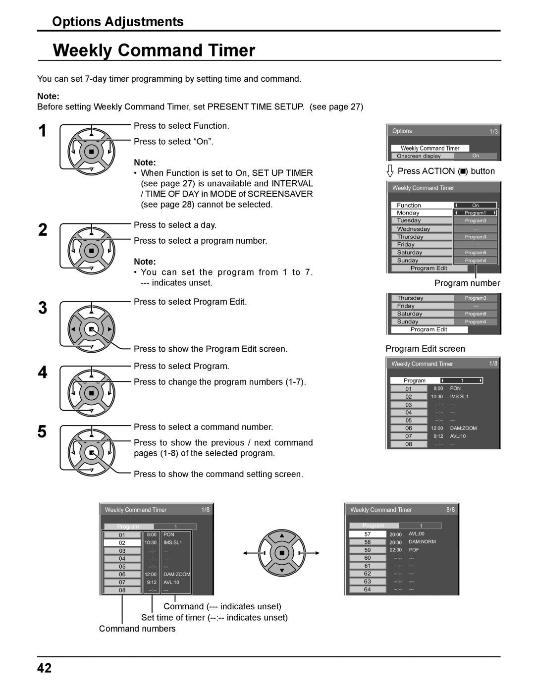 Panasonic TH 50PH11UK manual Weekly Command Timer, Press Action button, Program number, Program Edit screen 