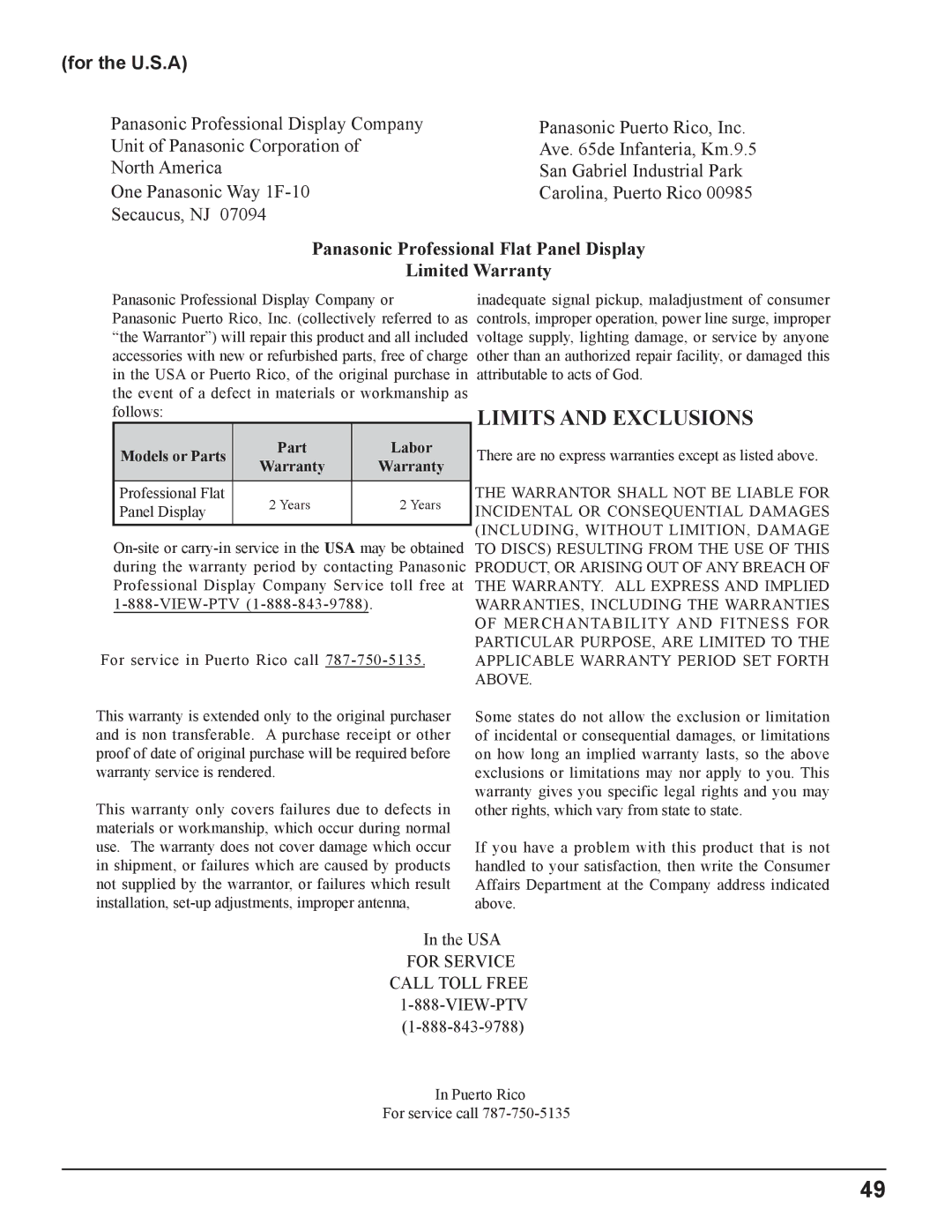 Panasonic TH 50PH11UK manual For the U.S.A, Panasonic Professional Flat Panel Display Limited Warranty 