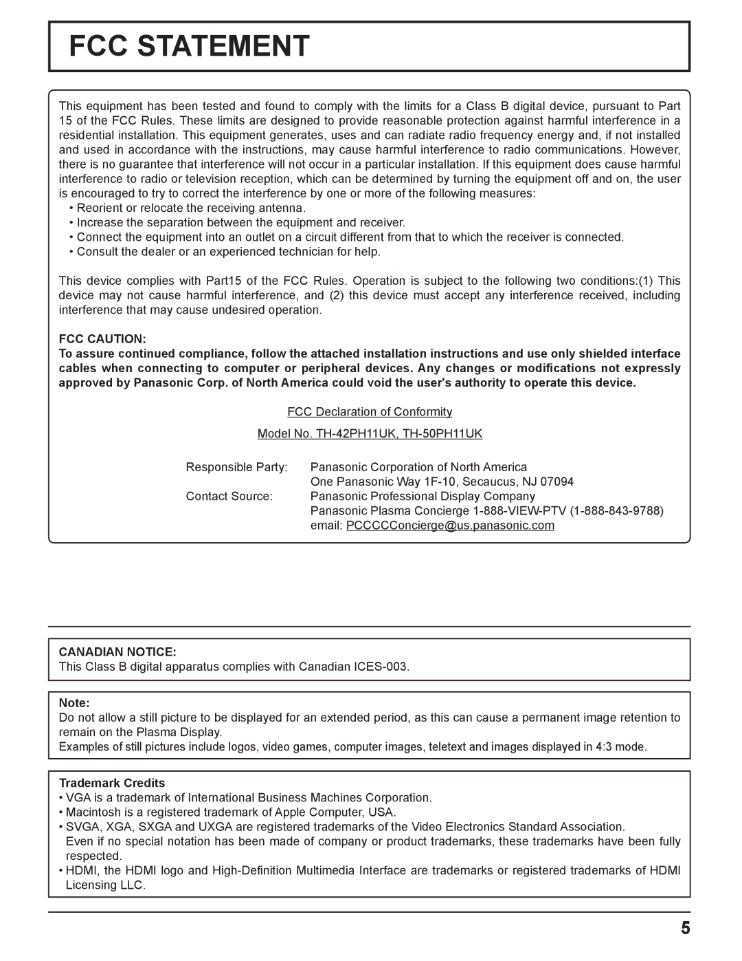 Panasonic TH 50PH11UK manual FCC Caution, Canadian Notice, Trademark Credits 