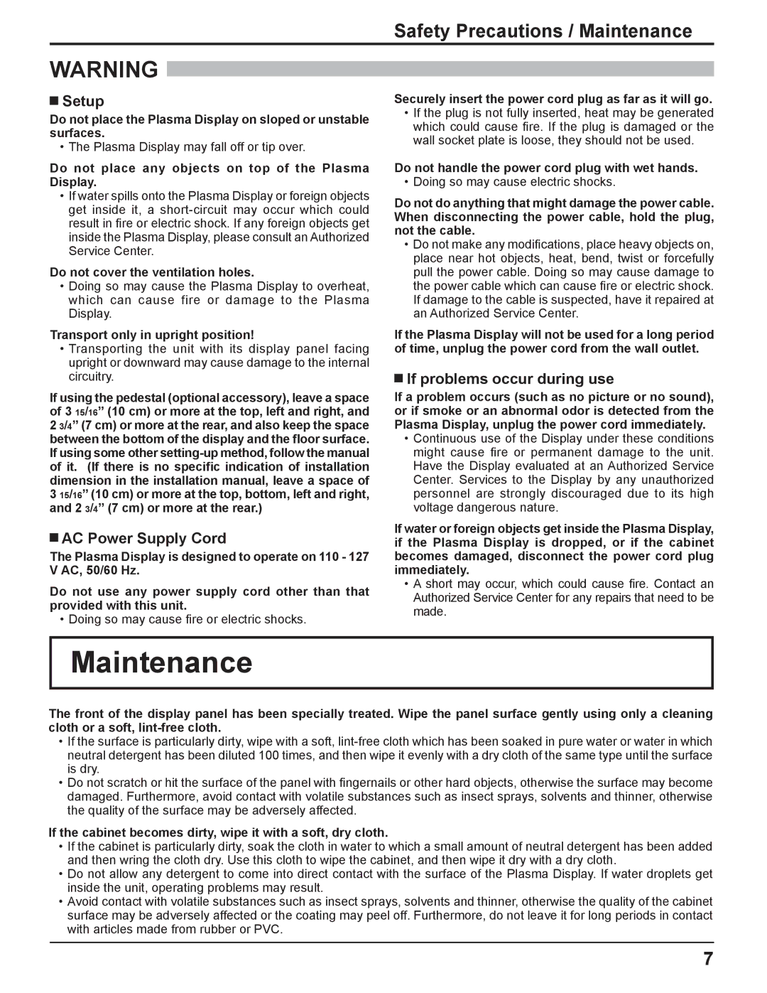 Panasonic TH 50PH11UK Safety Precautions / Maintenance, Setup, AC Power Supply Cord, If problems occur during use 