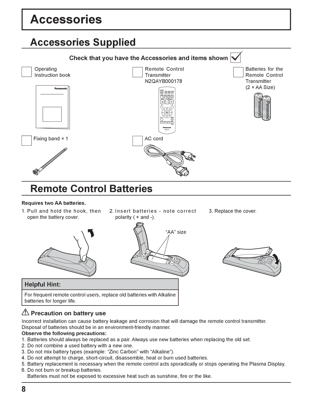 Panasonic TH 50PH11UK manual Accessories Supplied, Remote Control Batteries 