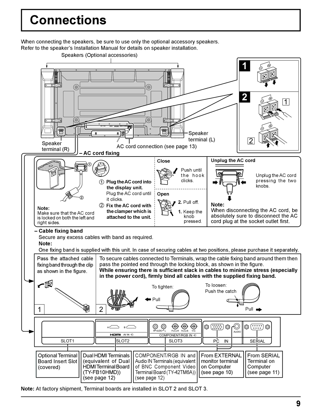 Panasonic TH 50PH11UK manual Connections, AC cord ﬁxing, Cable ﬁxing band, See 