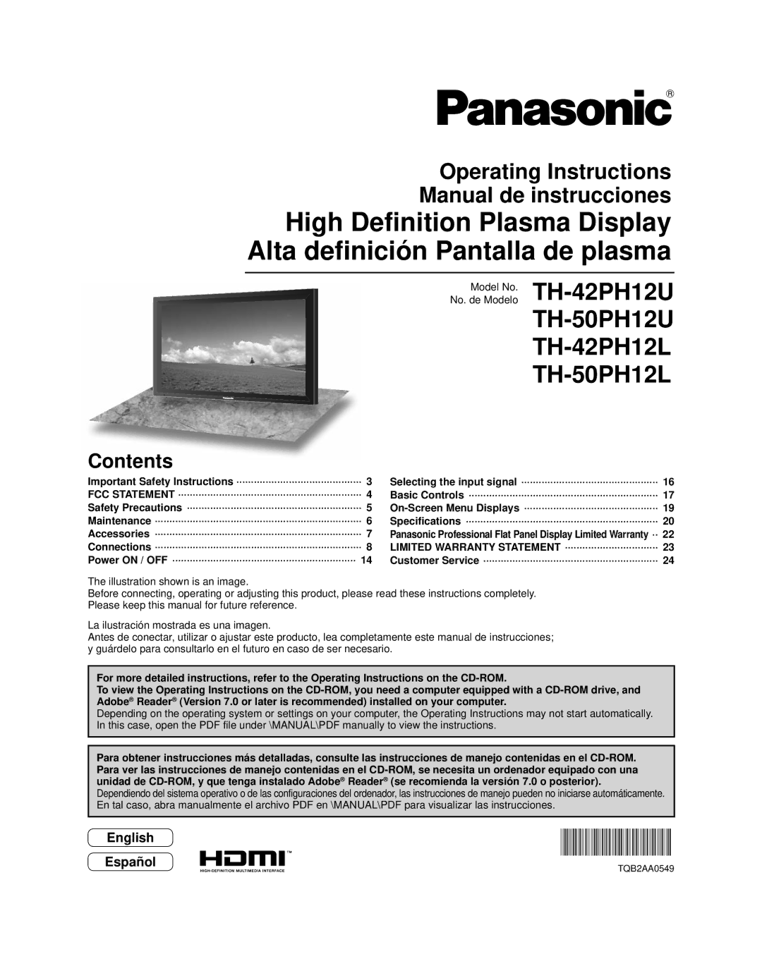 Panasonic TH-42PH12L important safety instructions Operating Instructions Manual de instrucciones, English Español 