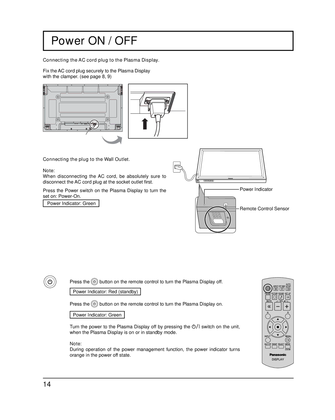 Panasonic TH-42PH12U, TH-50PH12L, TH-42PH12L, TH-50PH12U Power on / OFF, Connecting the AC cord plug to the Plasma Display 