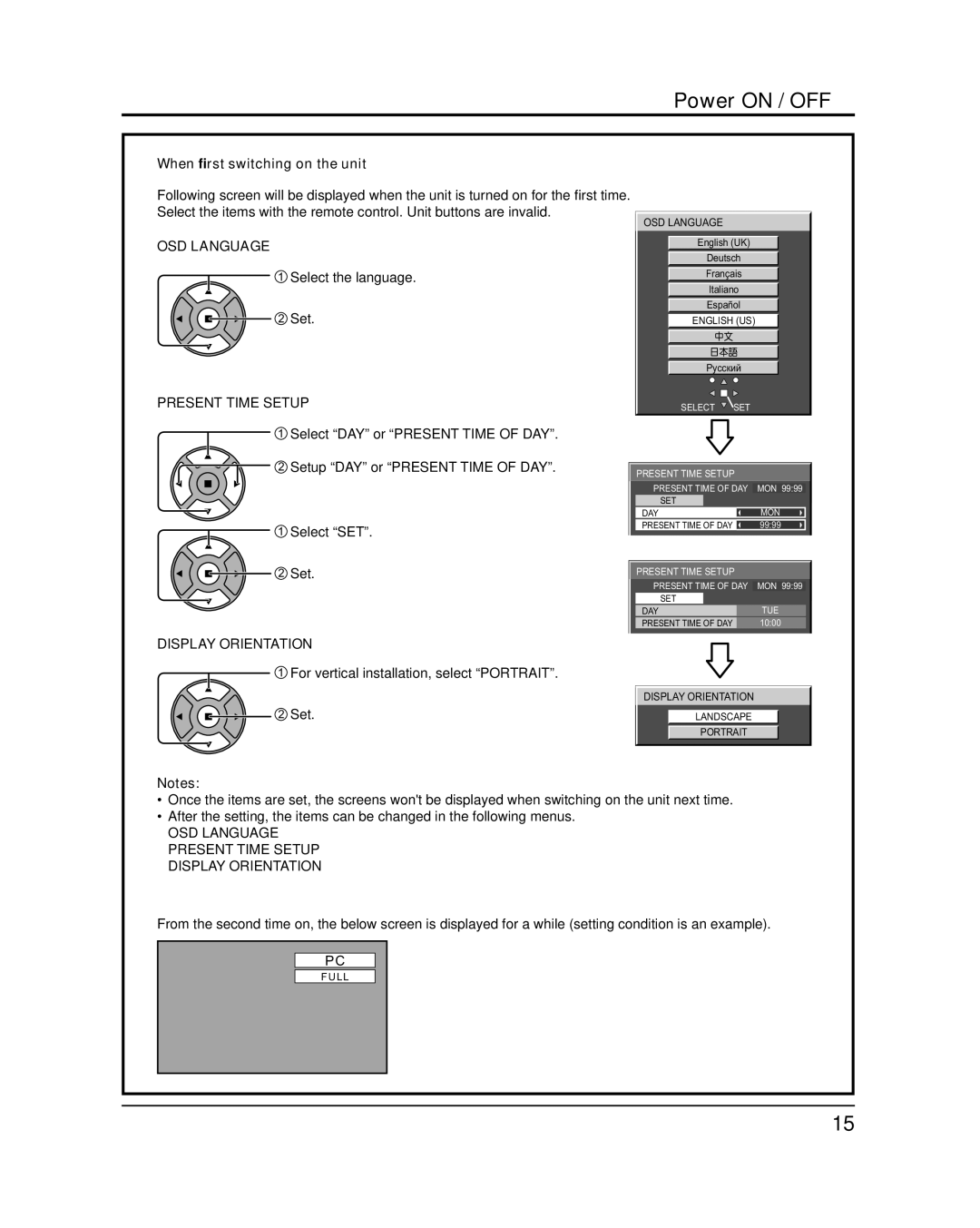 Panasonic TH-50PH12U Power on / OFF, When ﬁrst switching on the unit, OSD Language Present Time Setup Display Orientation 