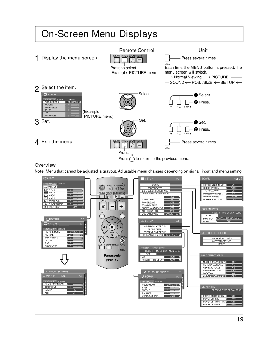 Panasonic TH-50PH12U, TH-50PH12L, TH-42PH12L, TH-42PH12U important safety instructions On-Screen Menu Displays 