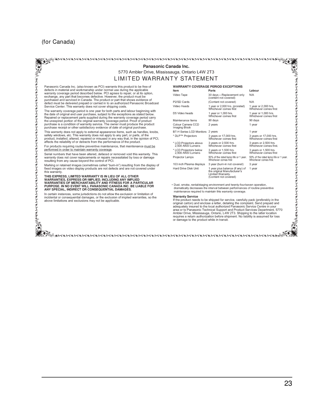 Panasonic TH-50PH12U, TH-50PH12L, TH-42PH12L, TH-42PH12U important safety instructions For Canada, Limited Warranty Statement 