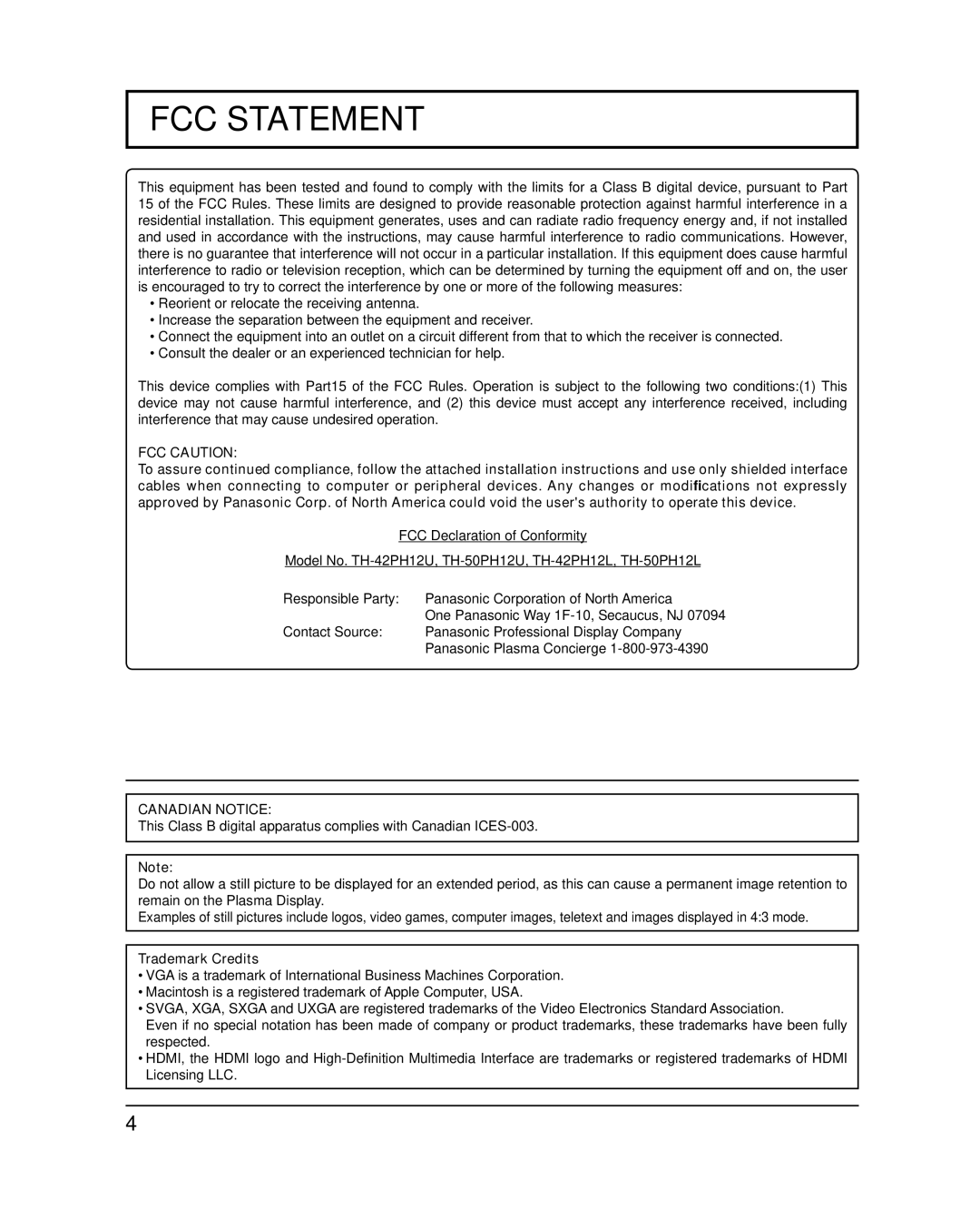 Panasonic TH-50PH12L, TH-42PH12L, TH-42PH12U, TH-50PH12U important safety instructions FCC Statement, Trademark Credits 