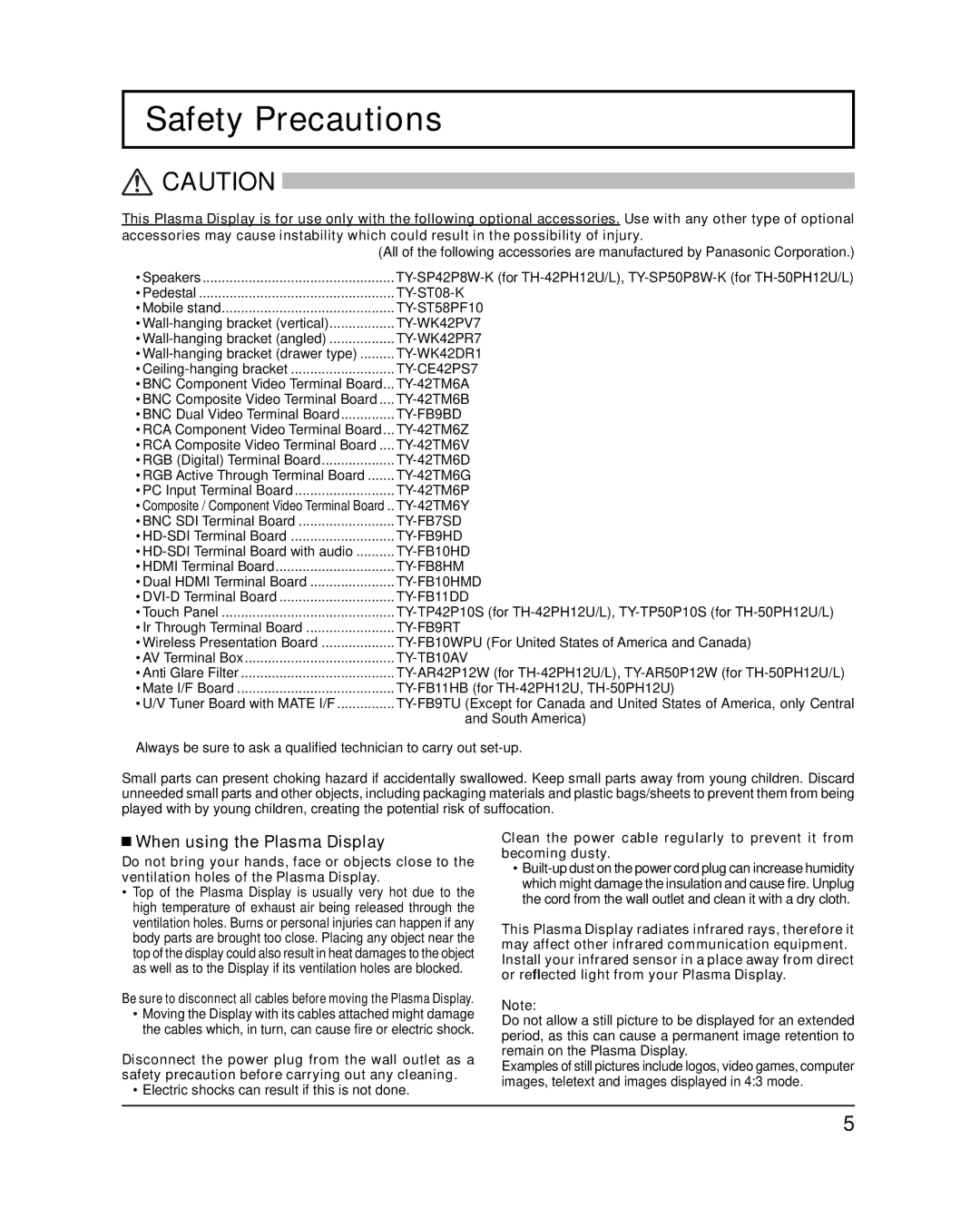 Panasonic TH-42PH12L, TH-50PH12L, TH-42PH12U, TH-50PH12U Safety Precautions, When using the Plasma Display 