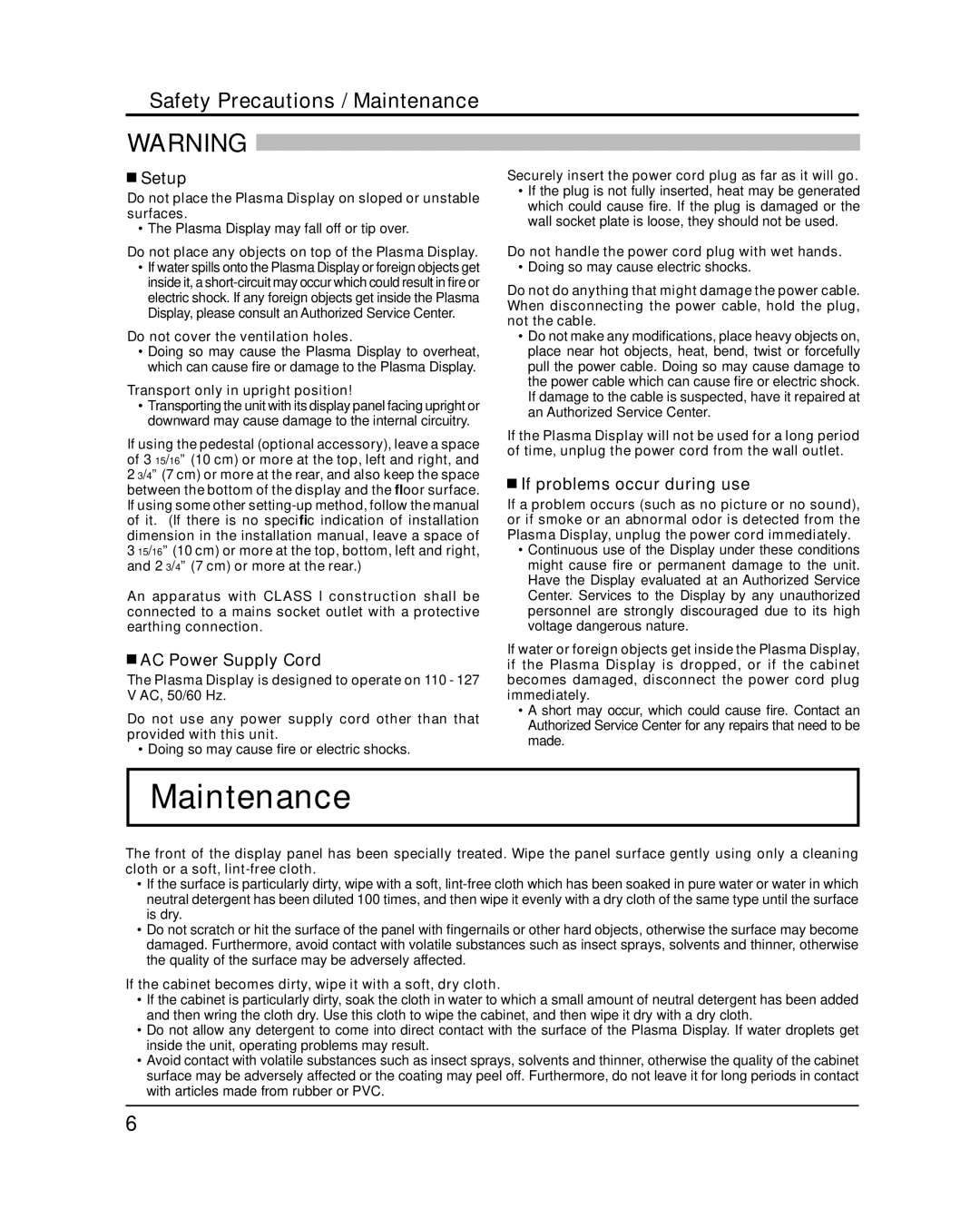 Panasonic TH-42PH12U Safety Precautions / Maintenance, Setup, AC Power Supply Cord, If problems occur during use 