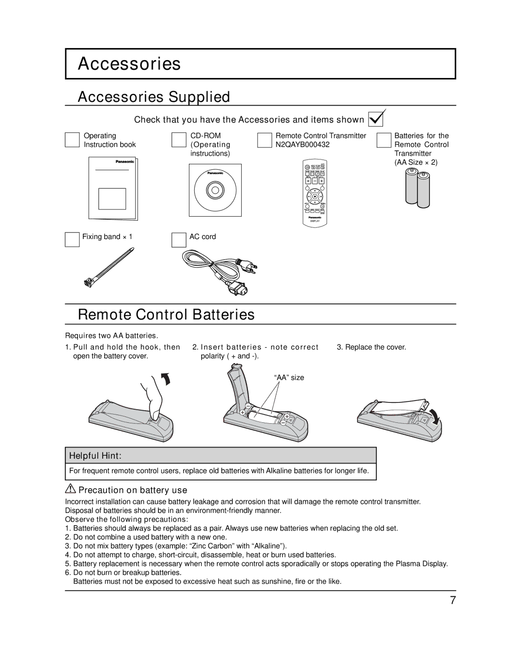 Panasonic TH-50PH12U, TH-50PH12L, TH-42PH12L, TH-42PH12U Accessories Supplied, Remote Control Batteries 