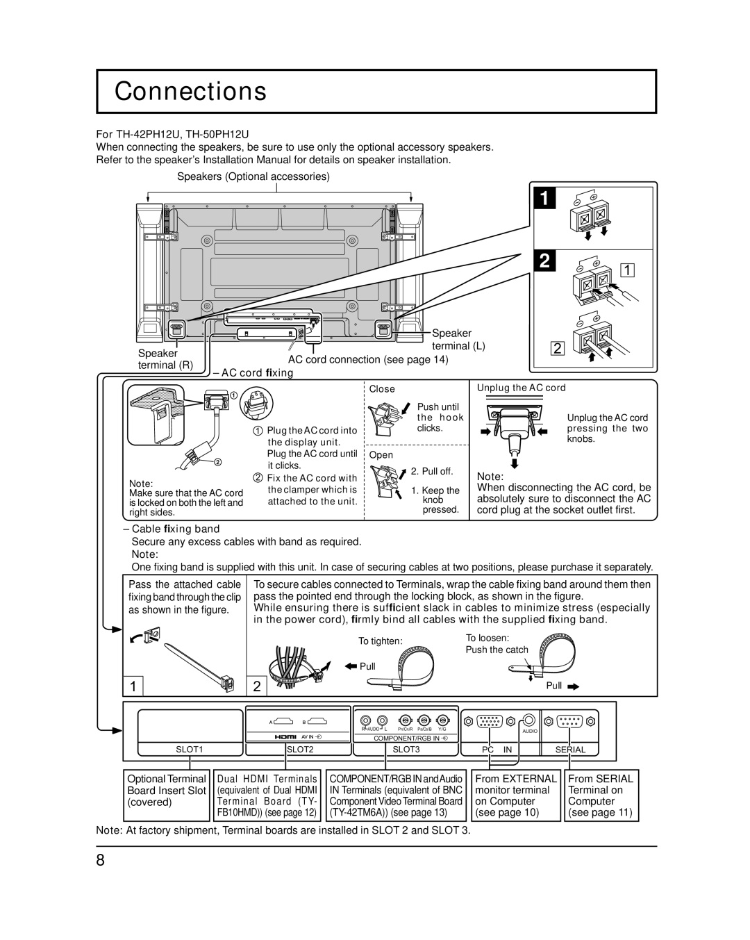 Panasonic TH-50PH12L, TH-42PH12L Connections, For TH-42PH12U, TH-50PH12U, AC cord ﬁxing, Cable ﬁxing band 