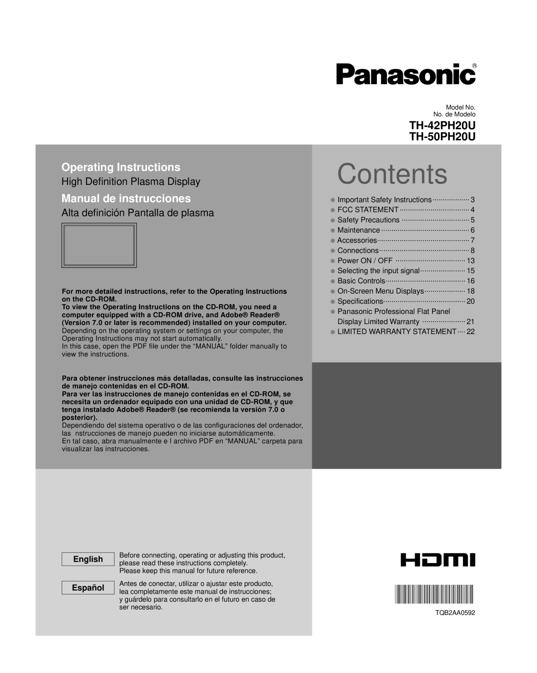 Panasonic TH-42PH20U, TH-50PH20U important safety instructions Contents 