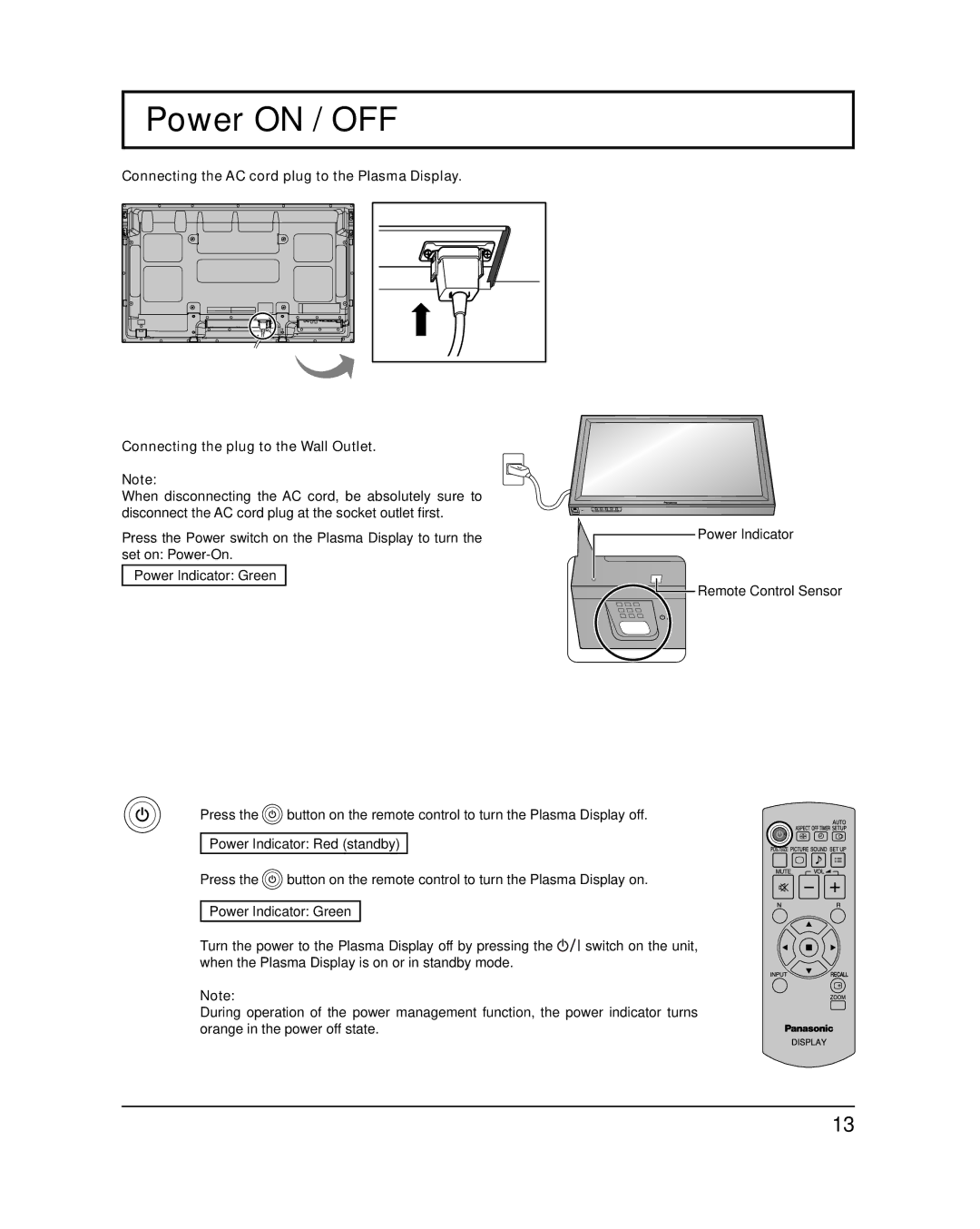 Panasonic TH-42PH20U, TH-50PH20U important safety instructions Power on / OFF 