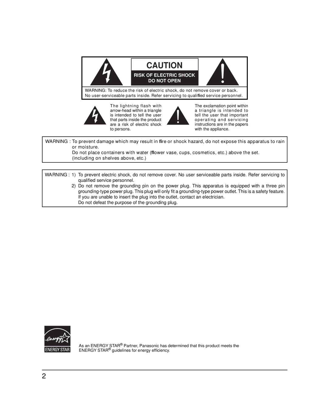 Panasonic TH-50PH20U, TH-42PH20U important safety instructions Risk of Electric Shock Do not Open 