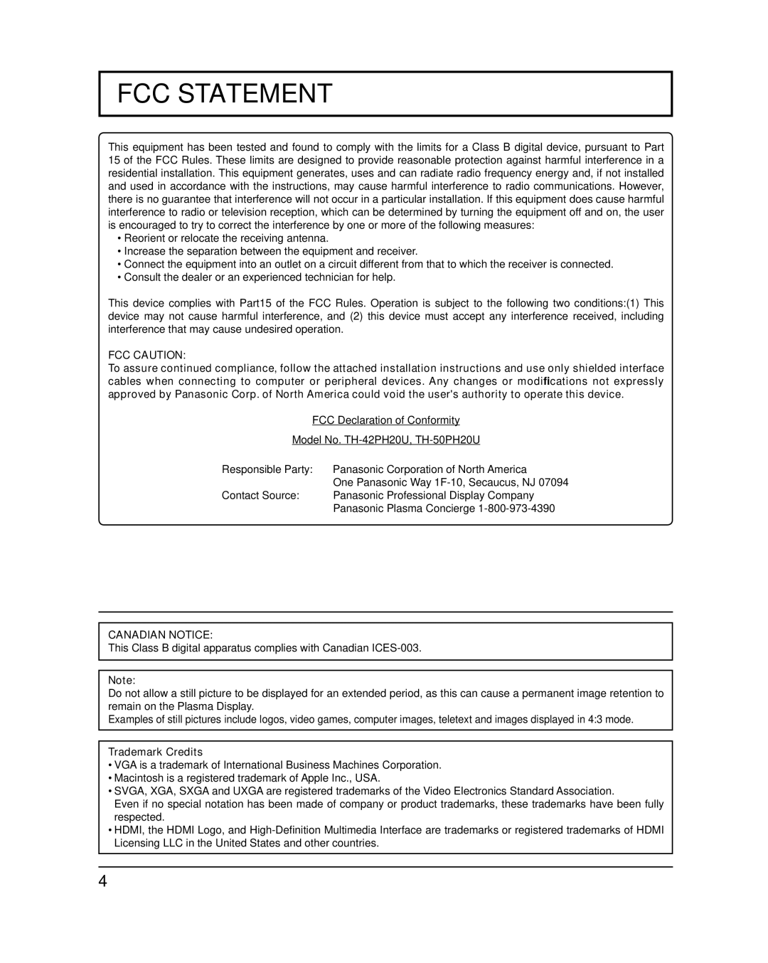 Panasonic TH-50PH20U, TH-42PH20U important safety instructions FCC Statement, Trademark Credits 