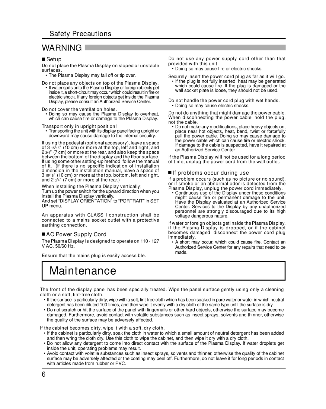 Panasonic TH-50PH20U Maintenance, Safety Precautions, Setup, AC Power Supply Cord, If problems occur during use 