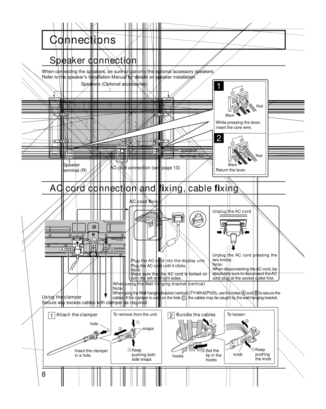 Panasonic TH-50PH20U, TH-42PH20U Connections, Speaker connection, AC cord connection and ﬁxing, cable ﬁxing 