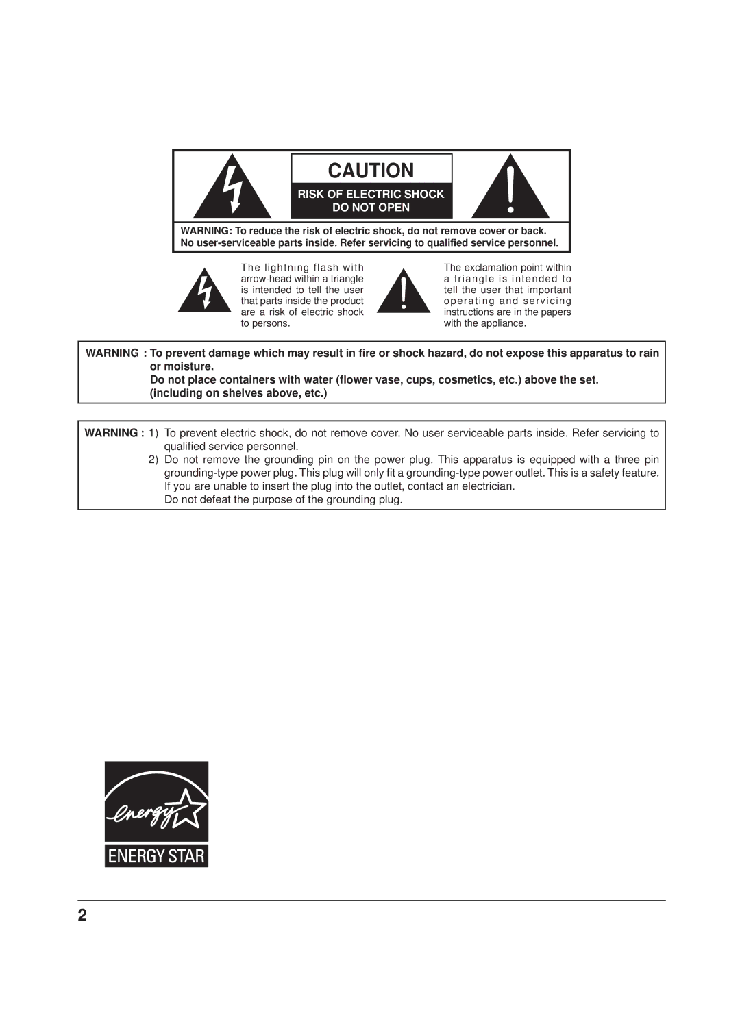 Panasonic TH-42PS9XK, TH-50PH9XK, TH-50PH9UK, TH-42PH9XK manual Risk of Electric Shock Do not Open 