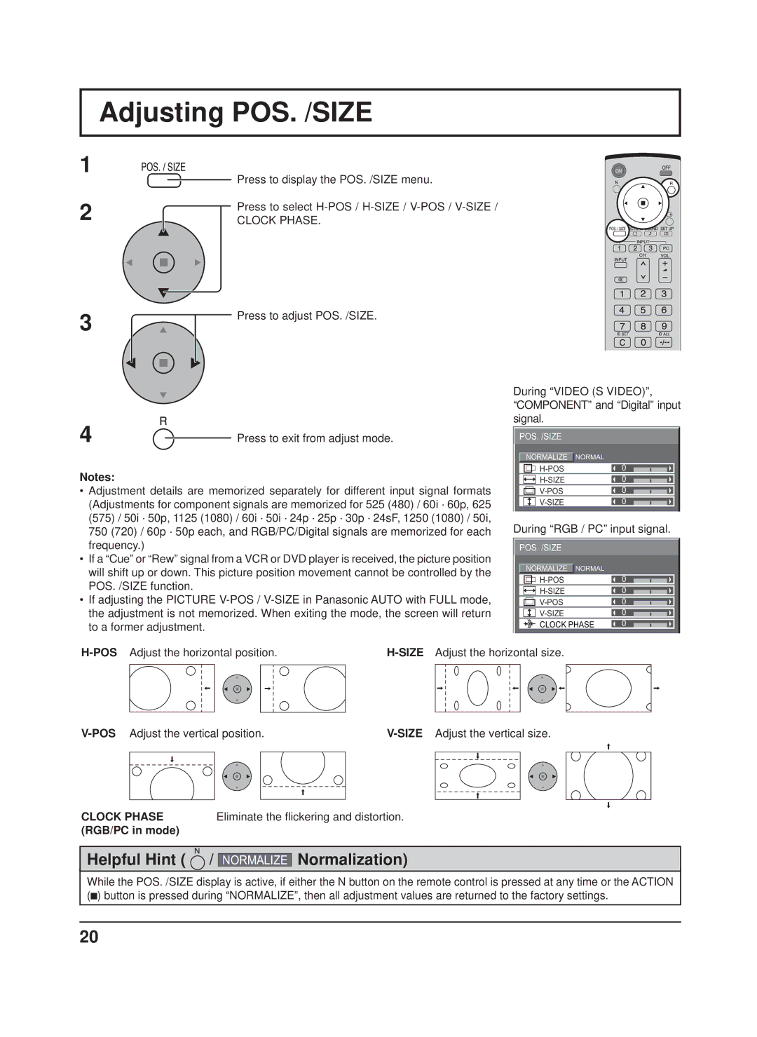 Panasonic TH-50PH9XK, TH-50PH9UK Adjusting POS. /SIZE, Clock Phase, Eliminate the ﬂickering and distortion, RGB/PC in mode 