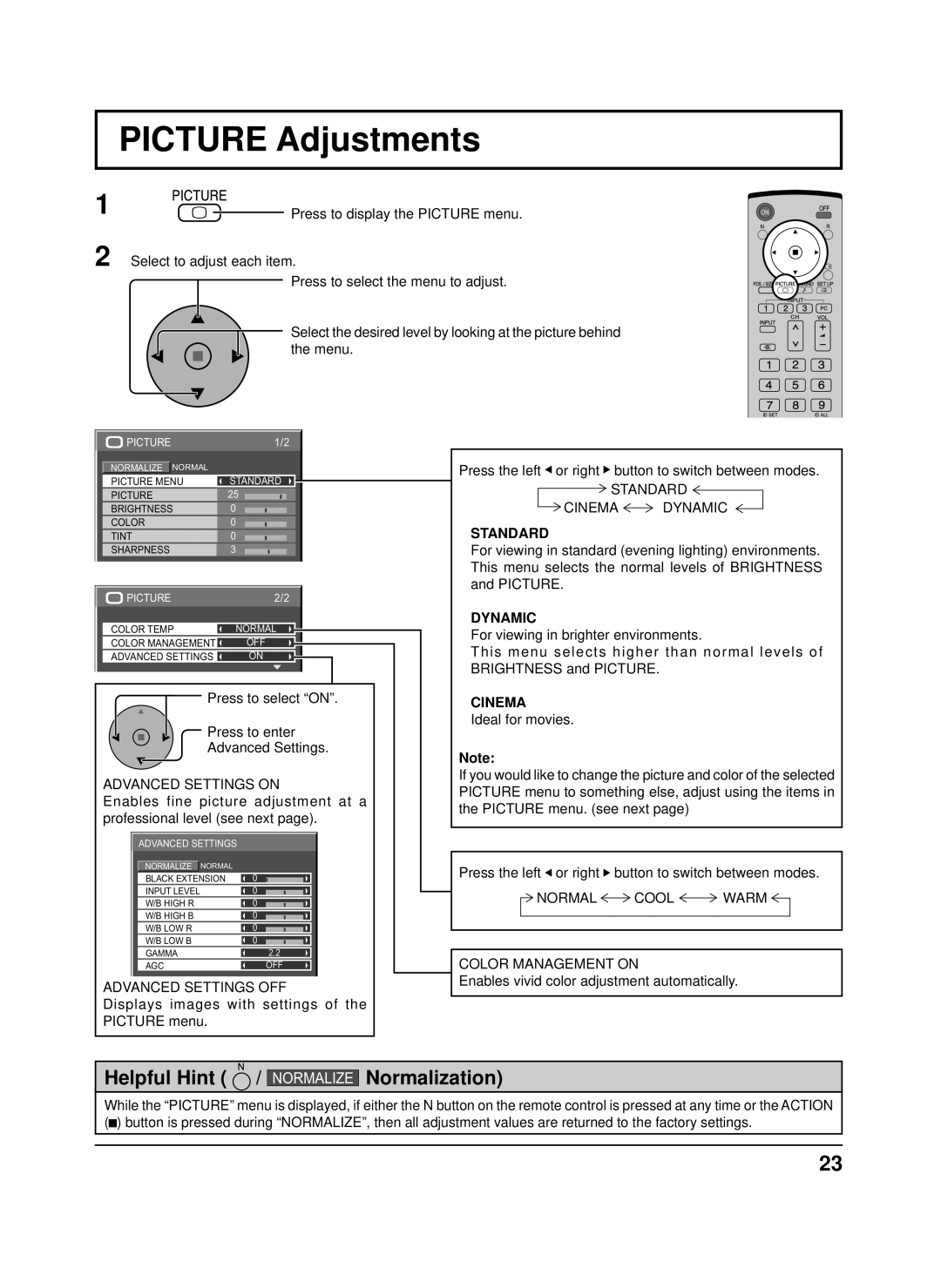 Panasonic TH-42PH9XK, TH-50PH9XK, TH-50PH9UK, TH-42PS9XK manual Picture Adjustments, Standard, Dynamic, Cinema 