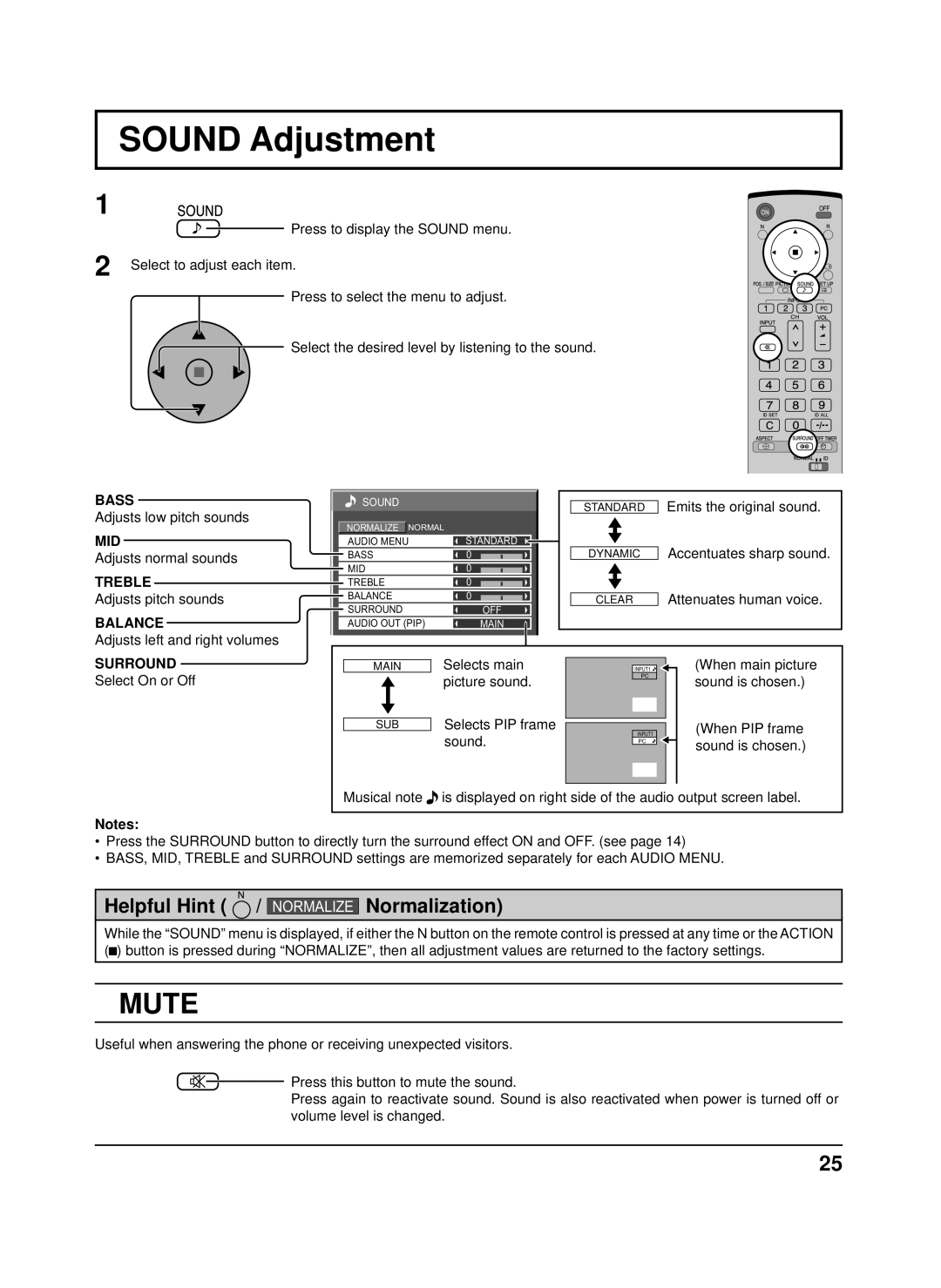 Panasonic TH-50PH9UK, TH-50PH9XK, TH-42PS9XK, TH-42PH9XK manual Sound Adjustment, Mute 