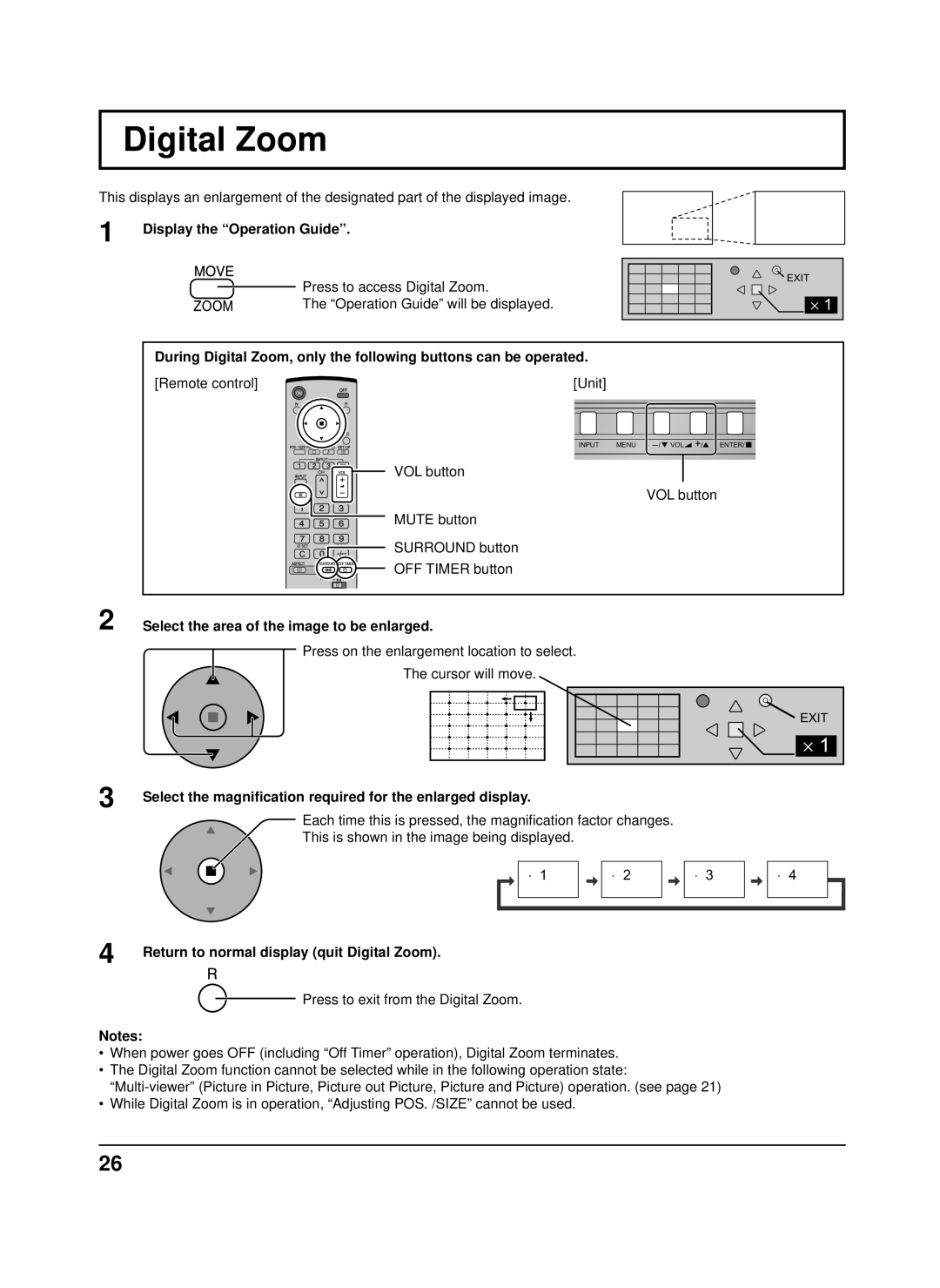 Panasonic TH-42PS9XK Digital Zoom, Display the Operation Guide, Select the magniﬁcation required for the enlarged display 